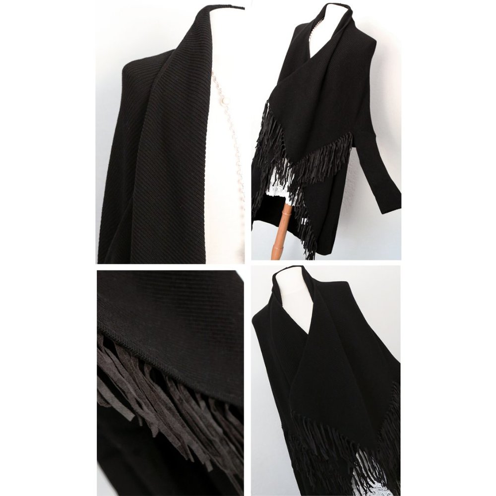 Faux Suede Fringed Waterfall Open Long Cardigan - Picture 6 of 10